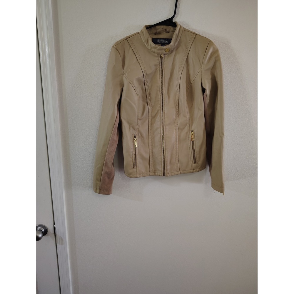 Kenneth Cole Reaction Tan Faux Leather Moto Jacket Gold Hardware Small